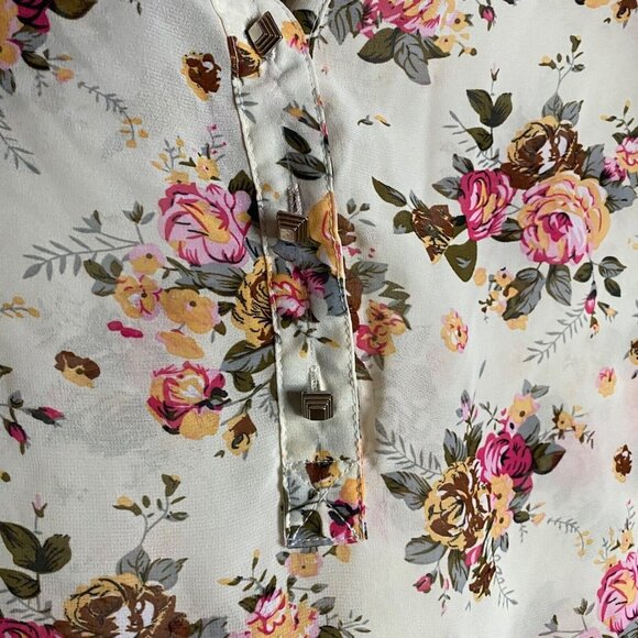 Ya Los Angeles Women's Floral 3/4 Rolled Up Sleeve Silk Top - Picture 4 of 8